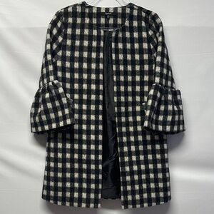 Lipslide Women’s Gingham Check No-Collar Coat Black & White Ruffle Bell Sleeves